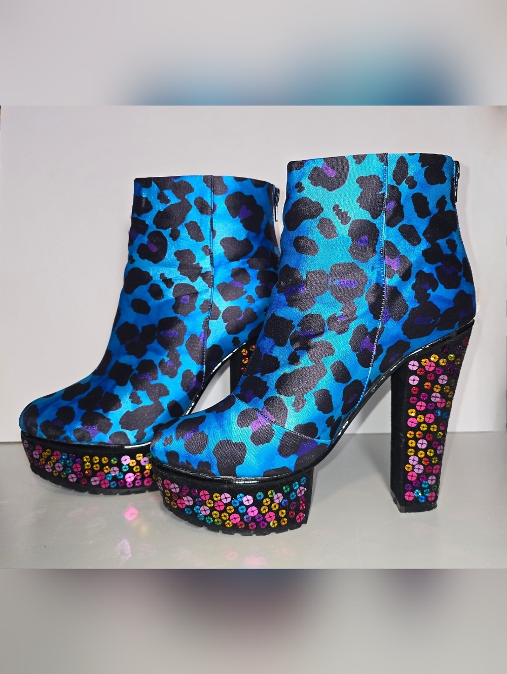 Blue Leopard Print W/sequins Platform Ankle Boots IRON FIST SZ 9